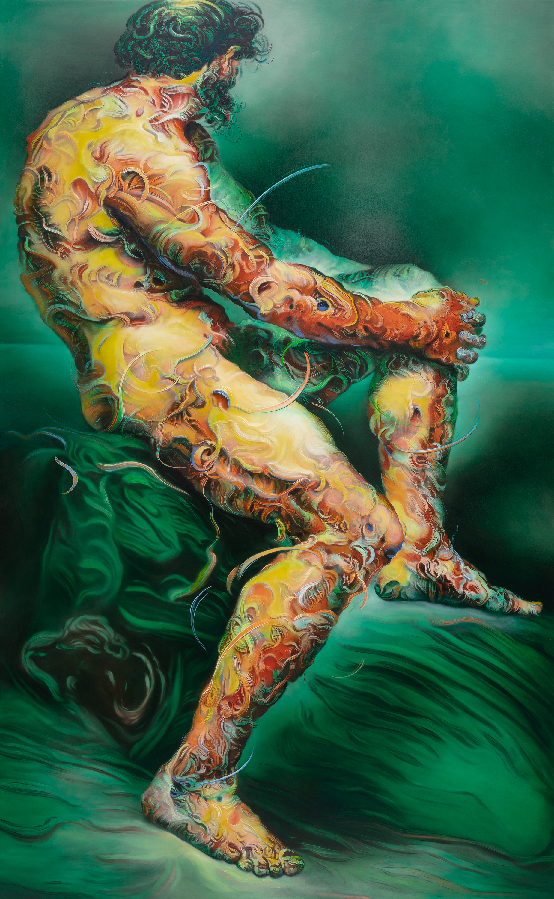 Illustration of a seated man, composed of swirling yellow, red, orange, and blue lines against a green background, titled "When the Satellite Sings" by Glenn Brown.