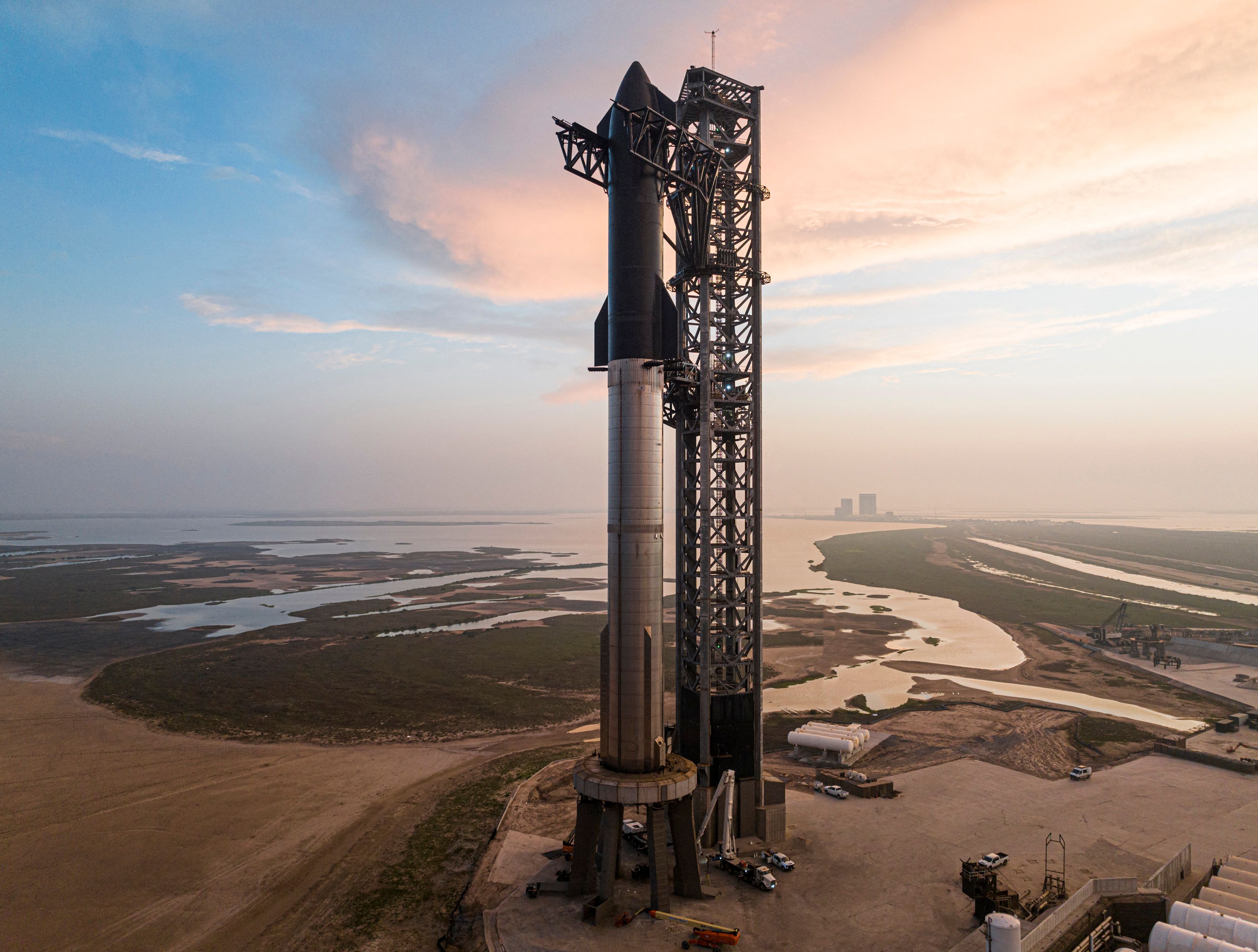 SpaceX Starship spacecraft on top of the Super Heavy rocket at Starbase in Boca Chica, Texas.