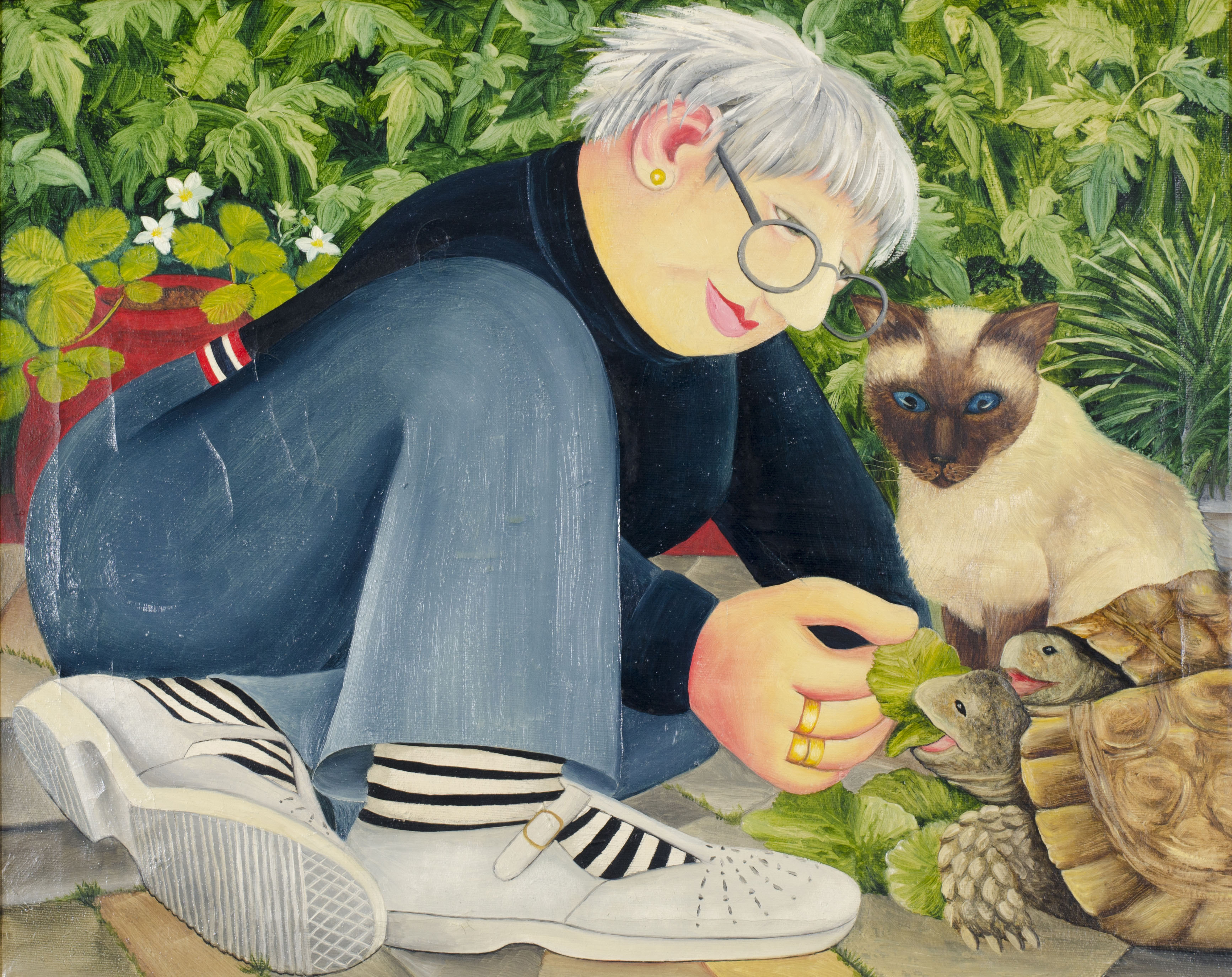 Illustration of a woman feeding tortoises while a Siamese cat watches.