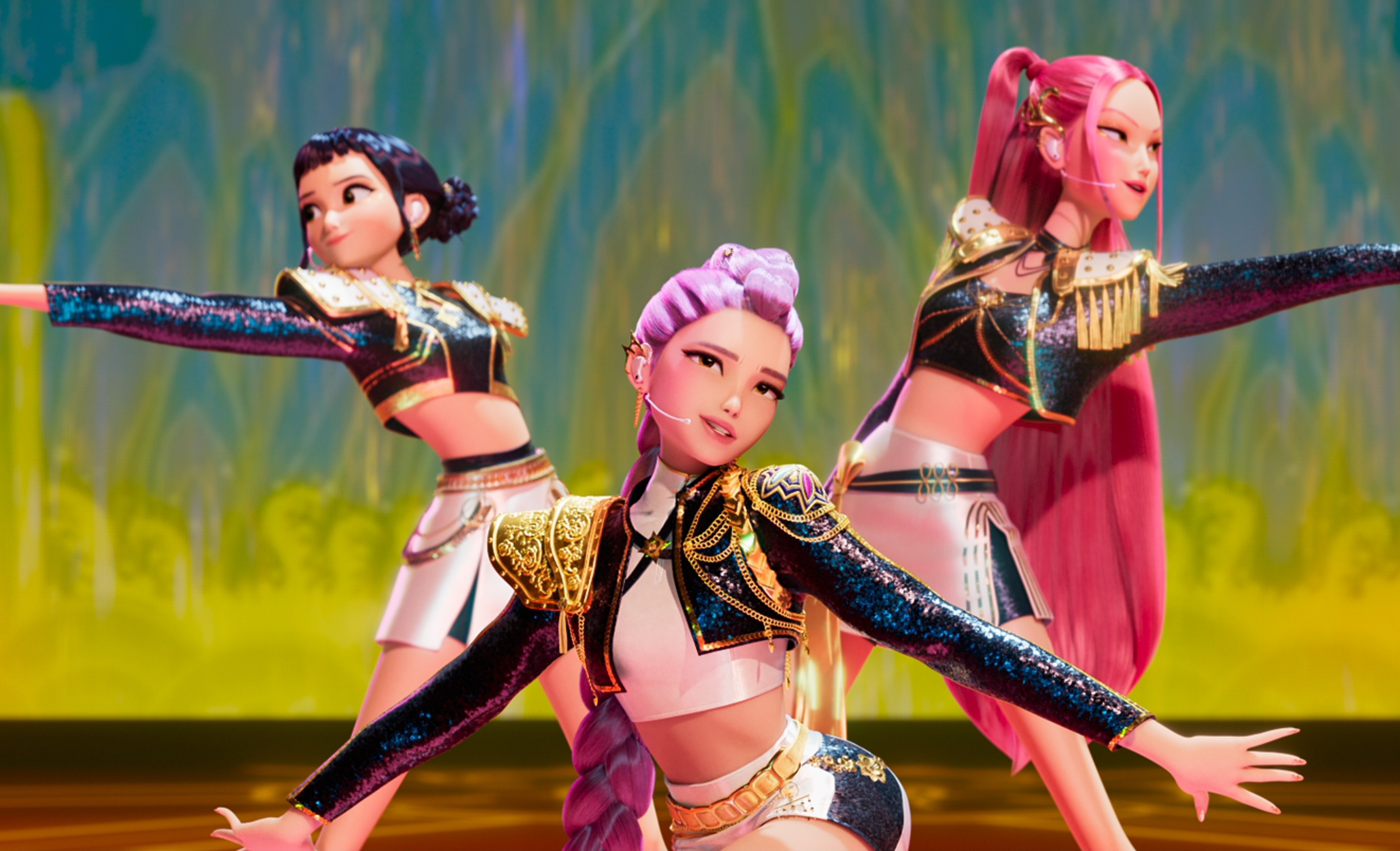 Illustration of three animated KPop Demon Hunters: Rumi, Mira, and Zoey, performing on stage.