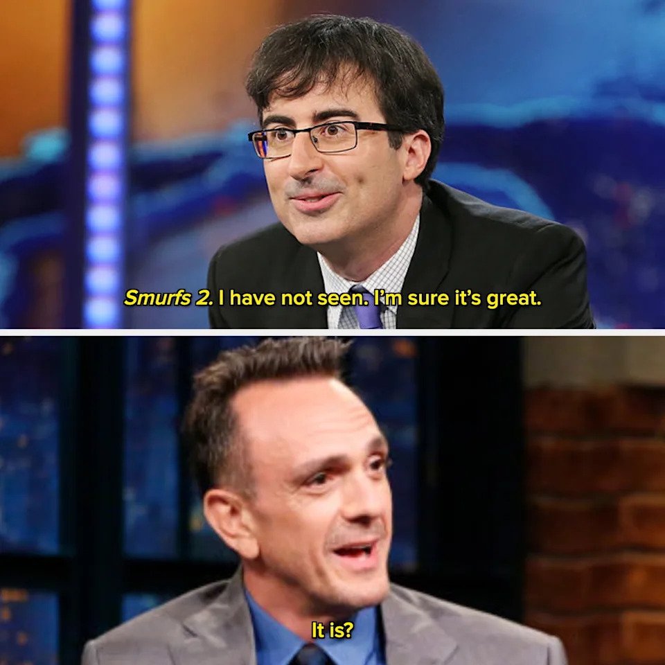 Two comedians exchange a witty dialogue about the movie "Smurfs 2" on a talk show
