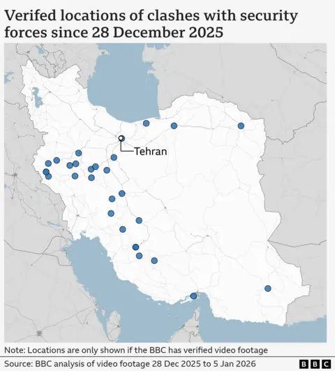 A BBC graphic showing the locations of clashes with security forces across Iran. 