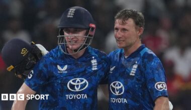 England captain Harry Brook and Joe Root embrace