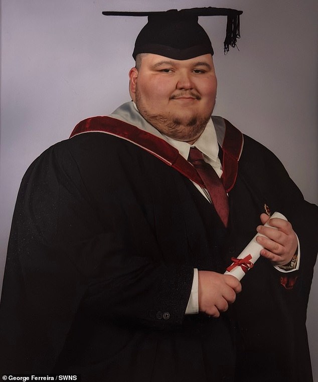 Mr Ferreira (pictured before his weight loss) says he previously would eat lots of food in a day including two cheese toasties for breakfast