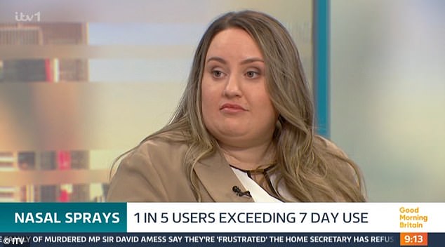 A Good Morning Britain guest (pictured) opened up about how reaching for a nasal spray when she had a cold has sparked a 23-year health battle on Thursday's show