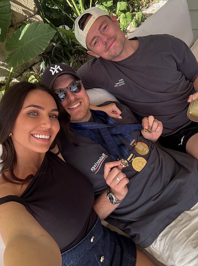 Tess's husband Ben (centre) has been dragged through the headlines following her widely reported affair with his close friend, Brisbane Lions star Lachie Neale (right)