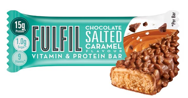 The Fulfil Chocolate Salted Caramel Vitamin & Protein Bar is low in sugar and high in protein.