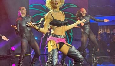 Rita Oraput on a jaw-dropping display as she flaunted her incredible physique in skimpy lingerie while taking to the stage in Austria