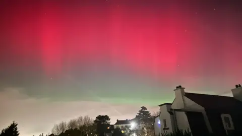 BBC Weather Watchers/Golden Rules A red and green aurora arcs over rooftops and trees in a quiet residential area, with stars faintly visible in the night sky.