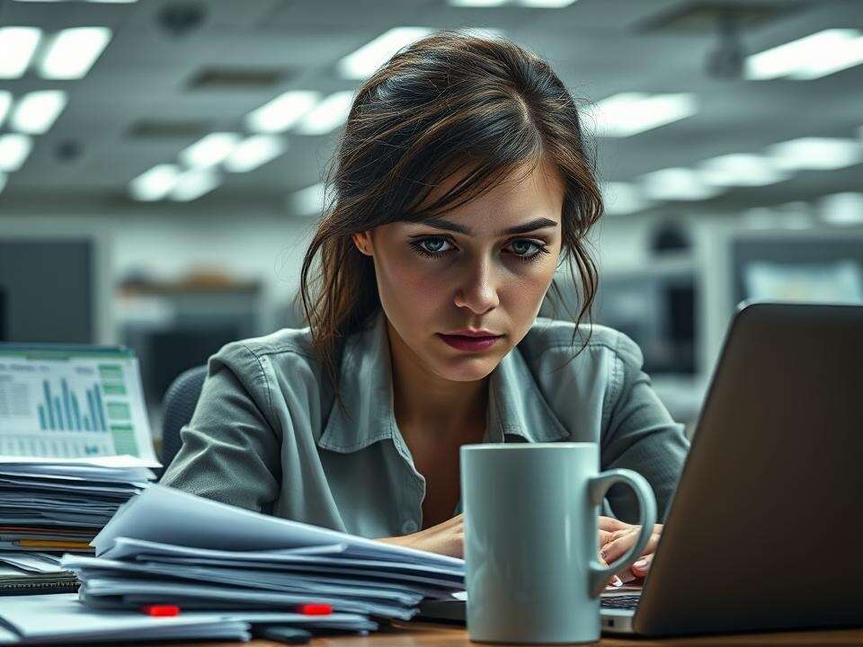 Exhausted young professional, overwhelmed by work, sits amidst a cluttered desk. Stress and fatigue are evident in her posture and expression.