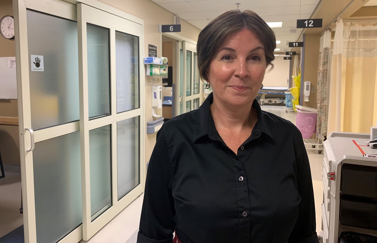 Close up of Kristin in hospital hallway.