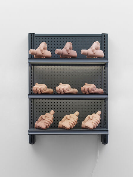 Josh Kline, ‘Artist Fare’, 2024, Sculpture, Silicone hands with powder coated metal shelf with LED lights, Lisson Gallery