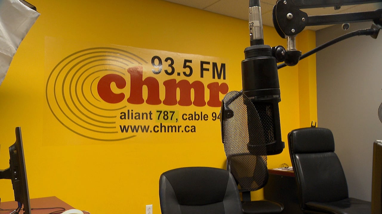 Radio microphone and yellow wall with station logo