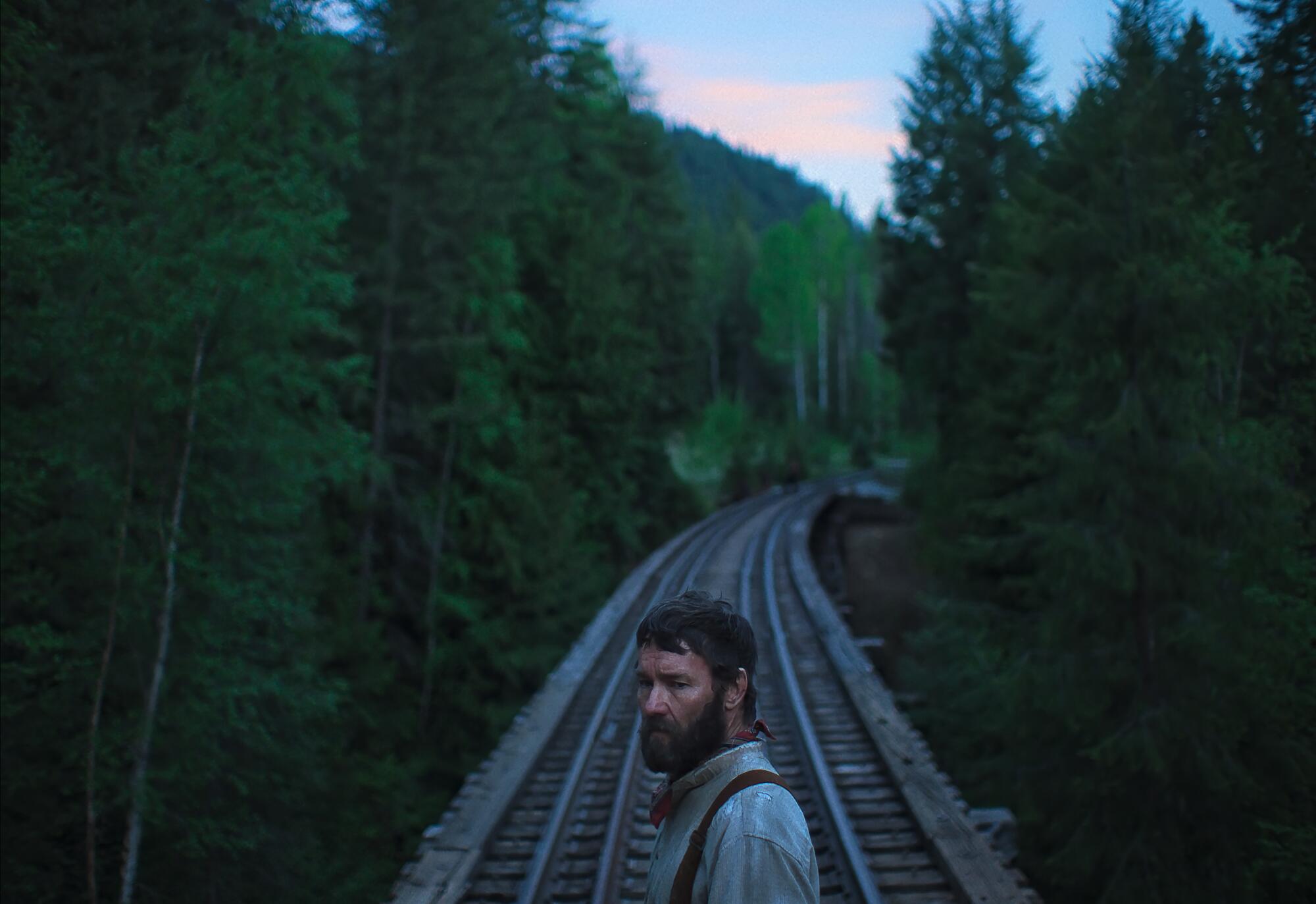 A man stands on a railroad track in a lush forest.