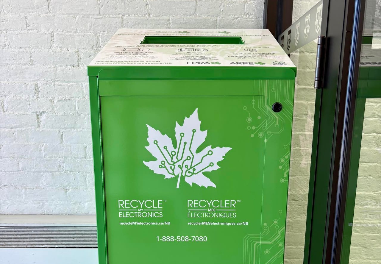 Green electronic recycling bin.