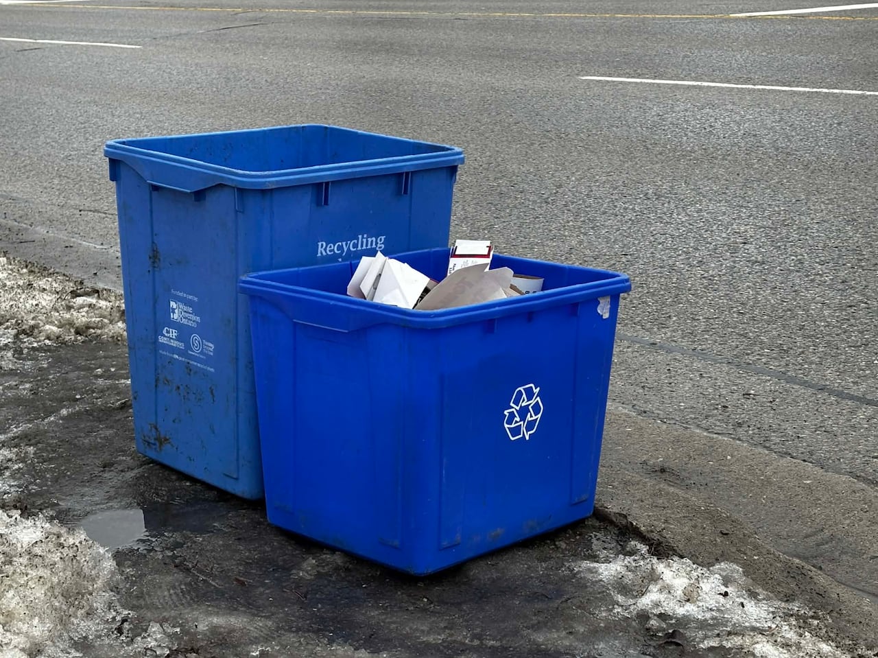 Two blue bins on a curb