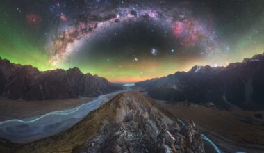 The Ridge © Tom Rae (New Zealand). Winner, Skycapes. Equipment: Nikon Z 6a and Z 7 cameras, iOptron SkyGuider Pro mount, Sky: Nikon Z 6a camera, 40 mm f/1.8. Foreground: Nikon Z 7 camera, 24 mm f/10, ISO 125. Location: Aoraki/Mount Cook National Park, Mackenzie District, New Zealand, 8 April 2024