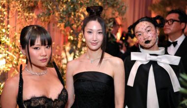 From left, Rei Ami, EJAE and Audrey Nuna attend the 83rd Golden Globe Awards at The Beverly Hilton in Beverly Hills, Calif., Sunday (local time). AFP-Yonhap