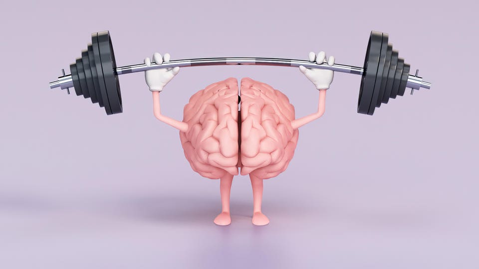 Cartoon Brain Lifting Weights on a Purple Background.
