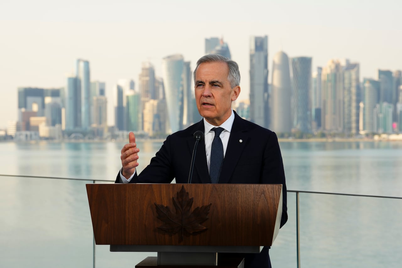 Prime Minister Mark Carney holds a press conference at the Islamic Art Museum in Doha