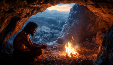 Neanderthal in cave. AI image.