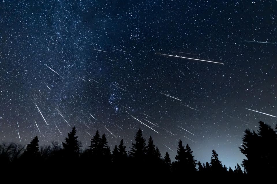 Meteor shower composite created from 44 individual photos that includes the Milky Way.