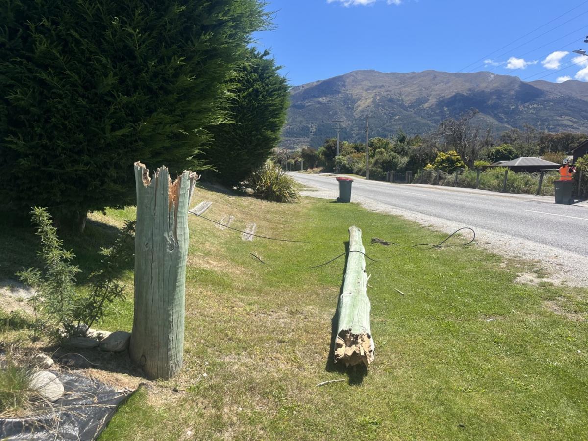Power pole snaps after truck hits lines in Hawea