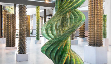recycled CDs form vertical sculptures in tara donovan's stratagems