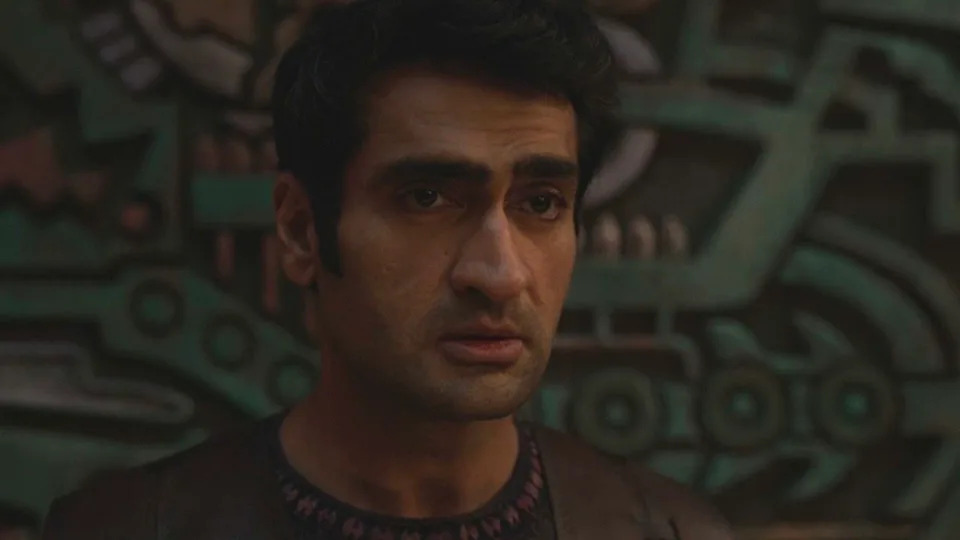  Kumail Nanjiani looking sad in an Eternals flahsback . 