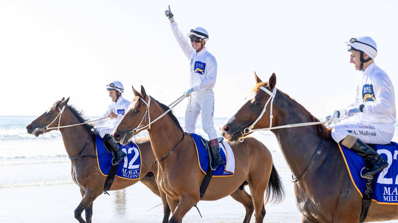 Action from the Magic Millions Beach Run and Barrier Draw. Picture by Luke Marsden.