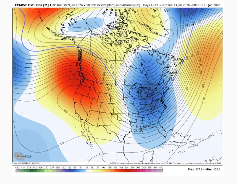 Welcome back to the Pacific high pressure ridge. The large red and yellow blob over the West Coast represents an area of high pressure that will keep storms away for the next 10 days. (WxBell )