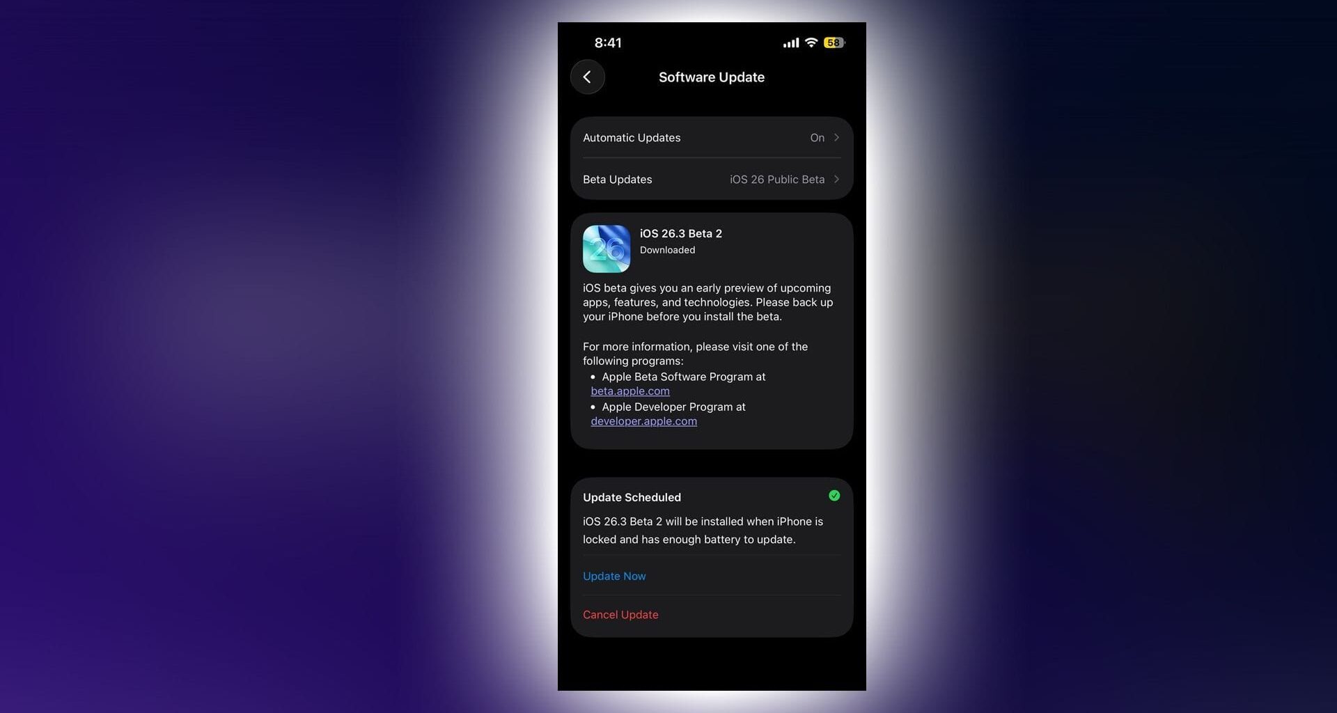 iOS 26.3 Beta 2 update ready to be downloaed (Image via Apple)