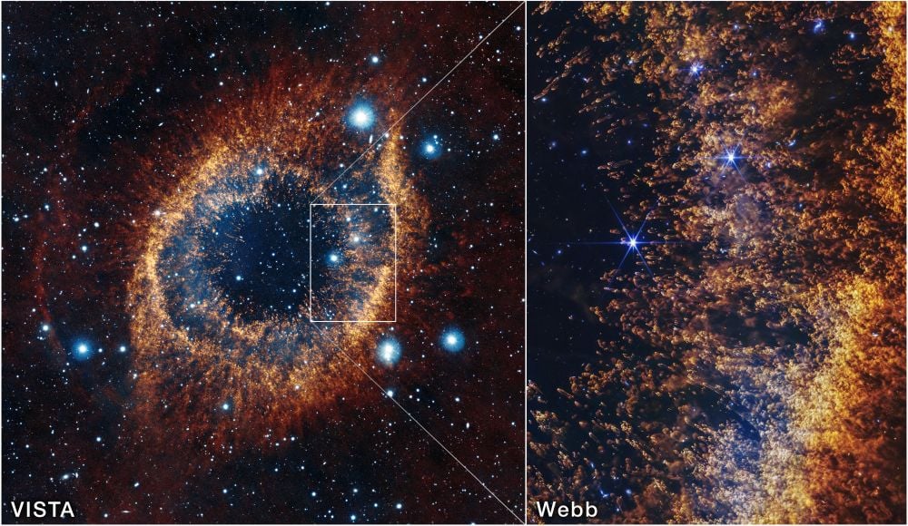 The image of the Helix Nebula on the left is from the ESO's VISTA telescope in Chile, a visual and infrared telescope with a 4.1 meter primary mirror. On the right is a JWST image of the nebula taken with its NIRCam instrument. Image Credit: ESO, VISTA, NASA, ESA, CSA, STScI, J. Emerson (ESO); Acknowledgment: CASU