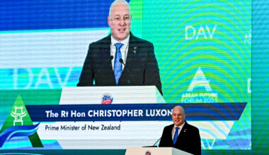 New Zealand's Prime Minister Christopher Luxon delivers a speech during the ASEAN Future Forum 2025 at the Melia Hotel in Hanoi on Feb. 26, 2025.