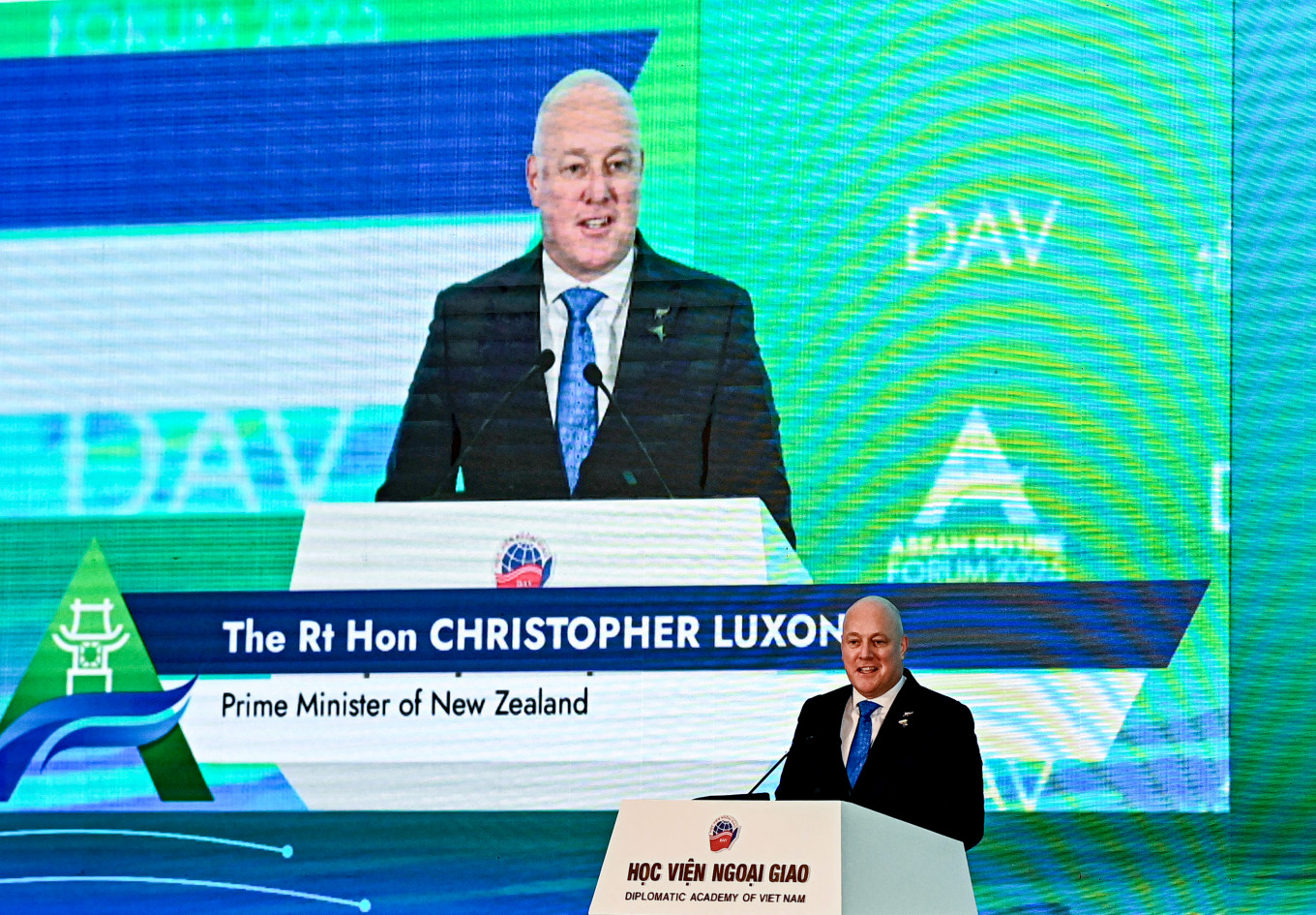 New Zealand's Prime Minister Christopher Luxon delivers a speech during the ASEAN Future Forum 2025 at the Melia Hotel in Hanoi on Feb. 26, 2025.