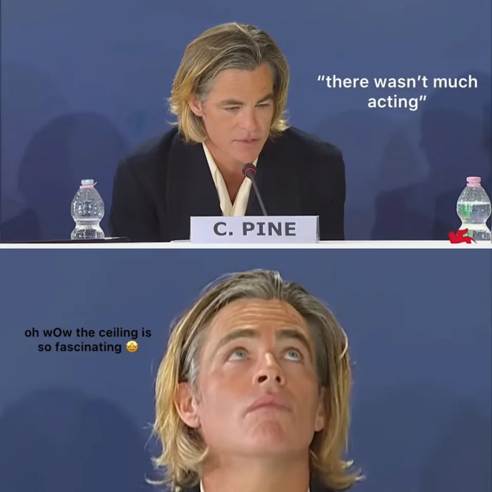 Two images of a man at a press conference; the first shows him speaking, and the second shows him looking up at the ceiling