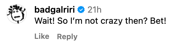 Rihanna's IG comment under Montana Rose Brown's post about getting pregnant.