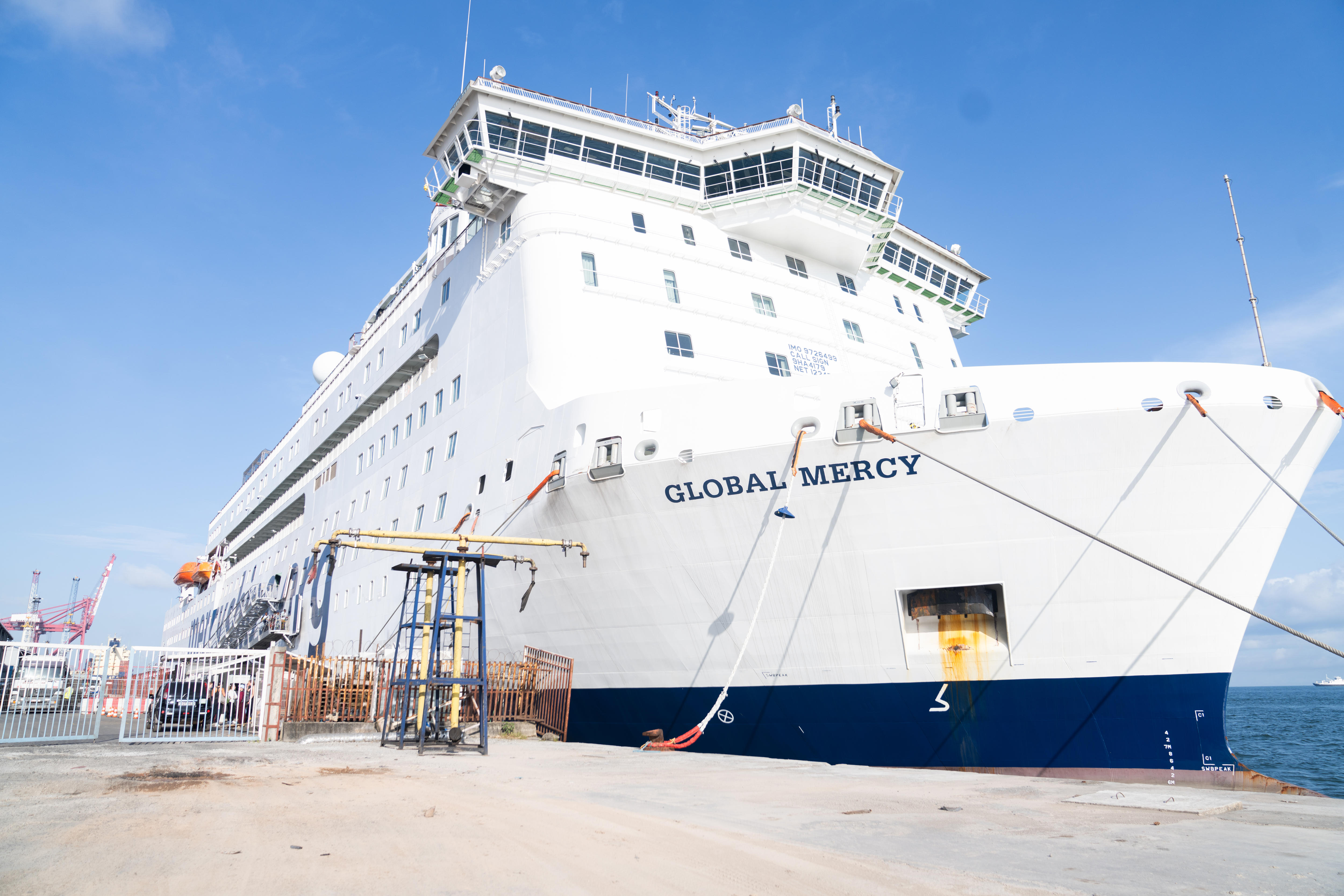 a big white ship with "global mercy" written on it's bow
