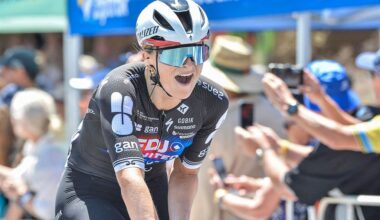 FFDJ United - Suez rider Ally Wollaston of New Zealand celebrates at the finishing line to win the women's first stage of the Tour Down Under cycling race in Adelaide on January 17, 2026. (Photo by Brenton Edwards / AFP) / --IMAGE RESTRICTED TO EDITORIAL USE - STRICTLY NO COMMERCIAL USE--