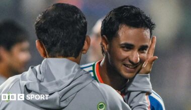 India head coach Gautam Gambhir (left) embraces batter Abhishek Sharma (right) after victory over New Zealand