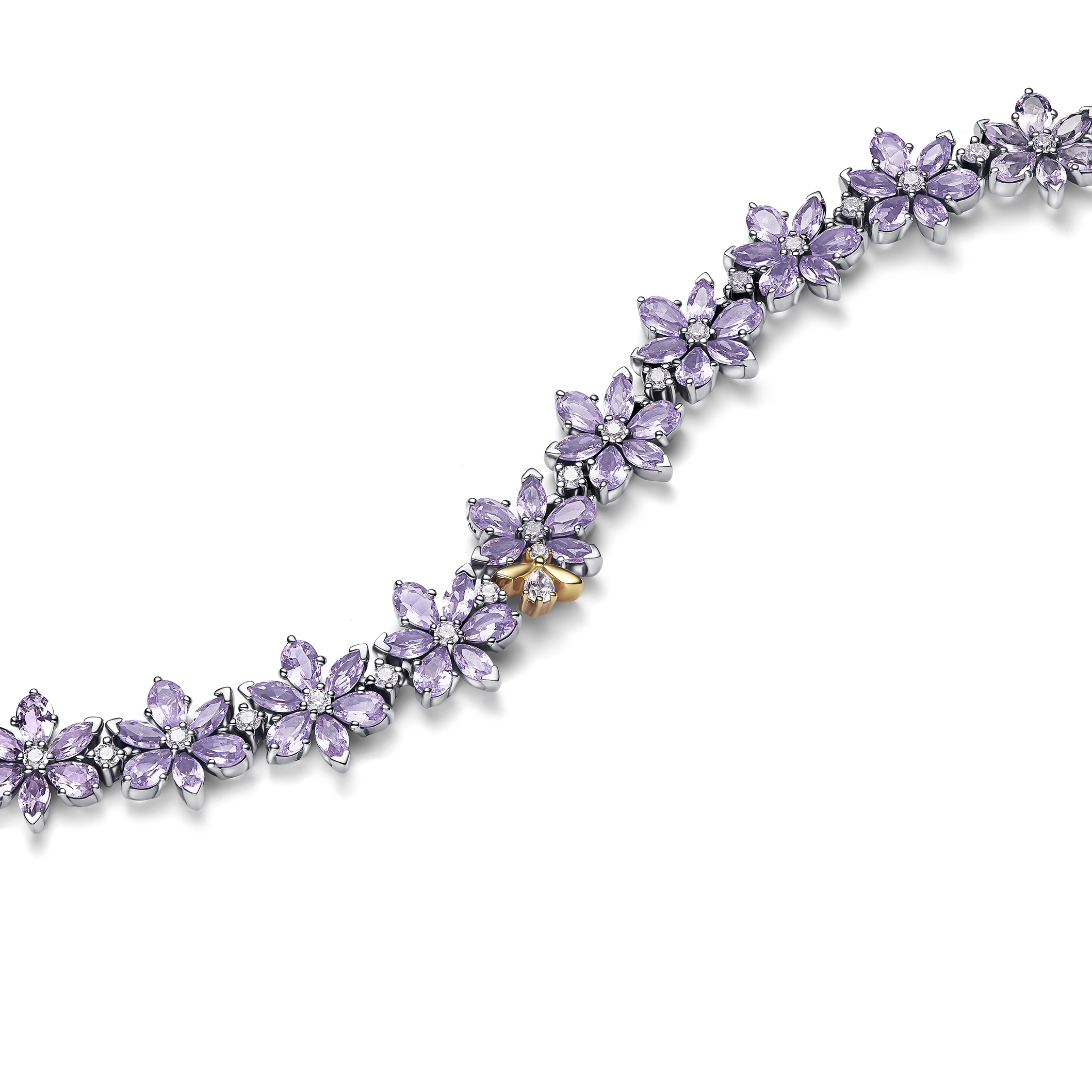 Purple flower shaped tennis bracelet with bee detail