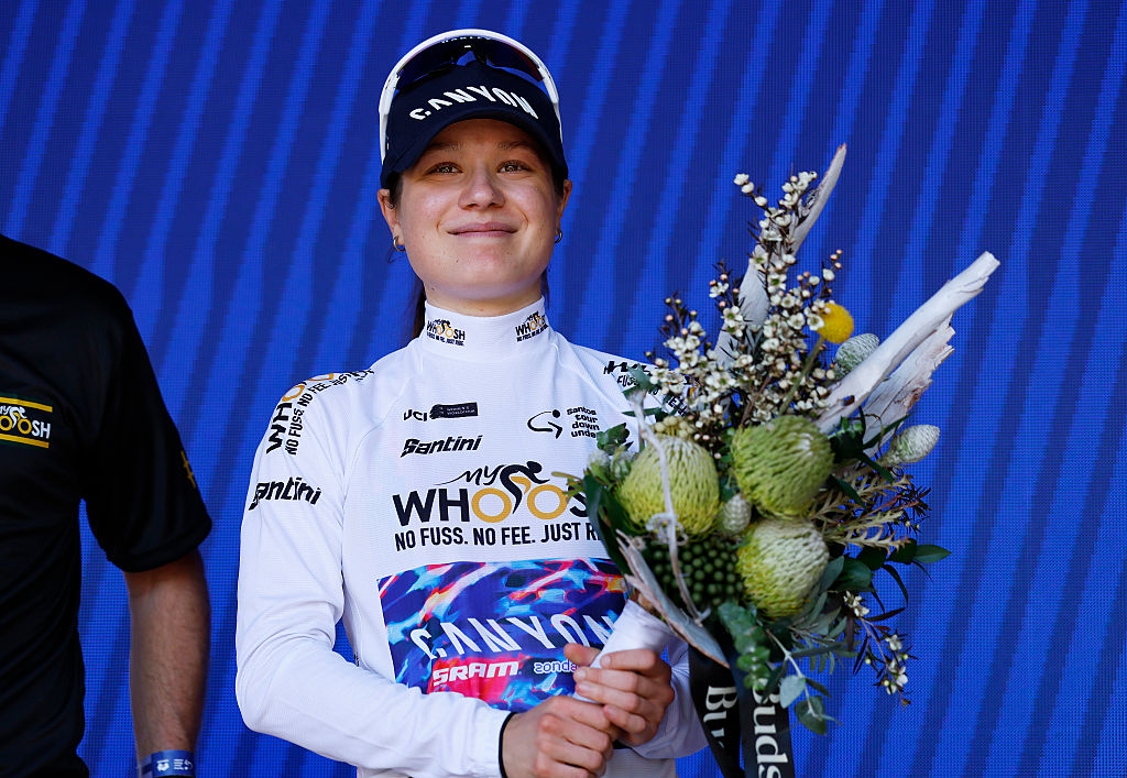 WILLUNGA, AUSTRALIA - JANUARY 17: Justyna Czapla of Germany and Team CANYON//SRAM Zondacrypto celebrates at podium as White Best Young Rider Jersey winner during the 10th Santos Women&amp;apos;s Tour Down Under 2026, Stage 1 a 137.4km stage from Willunga to Willunga 134m / #UCIWWT / on January 17, 2026 in Willunga, Australia. (Photo by Con Chronis/Getty Images)