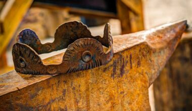 A rusty crown sits on an anvil.