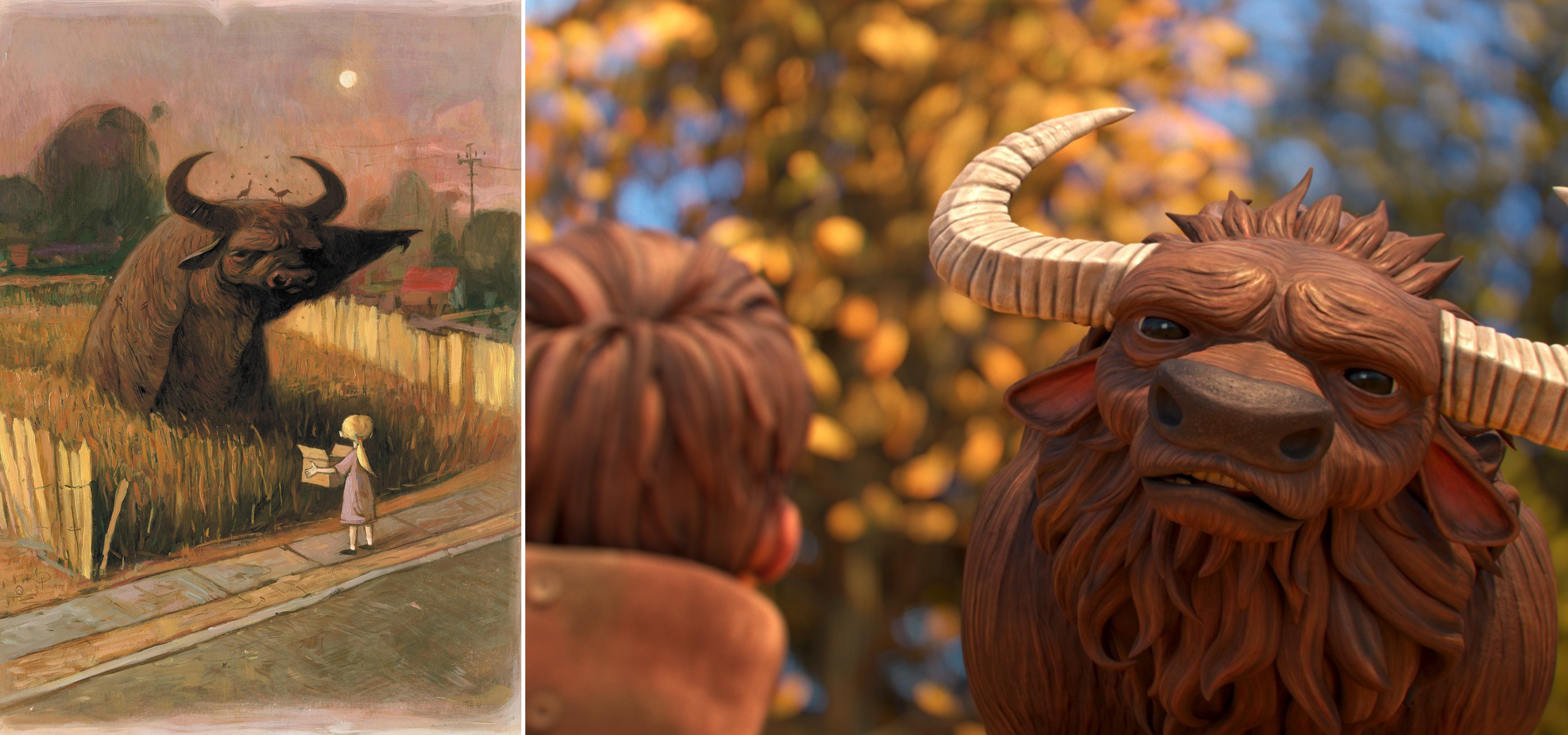 A composite of an illustrated water buffalo in an empty lot, next to an animation of one looking at a boy