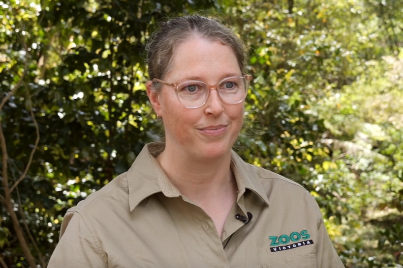 A woman with blonde hair and blue eyes looks at the camera. 