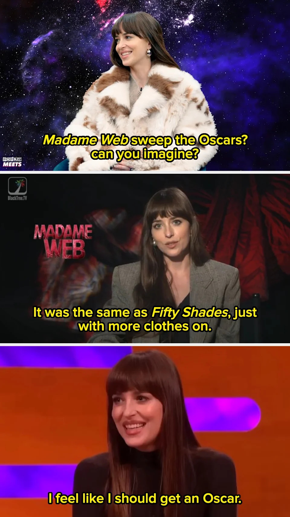 Three images of a woman discussing "Madame Web" and humorously comparing it to "Fifty Shades," expressing a desire to win an Oscar