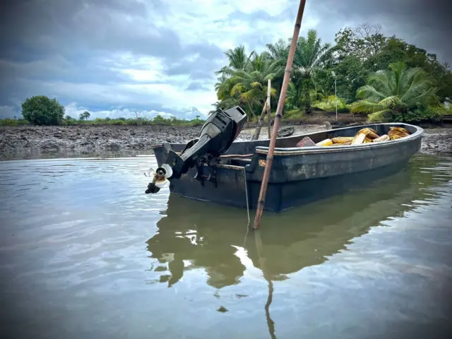 A boat dey ontop a river close to di shore in a community in Ogoni land. E ge trees for di background.