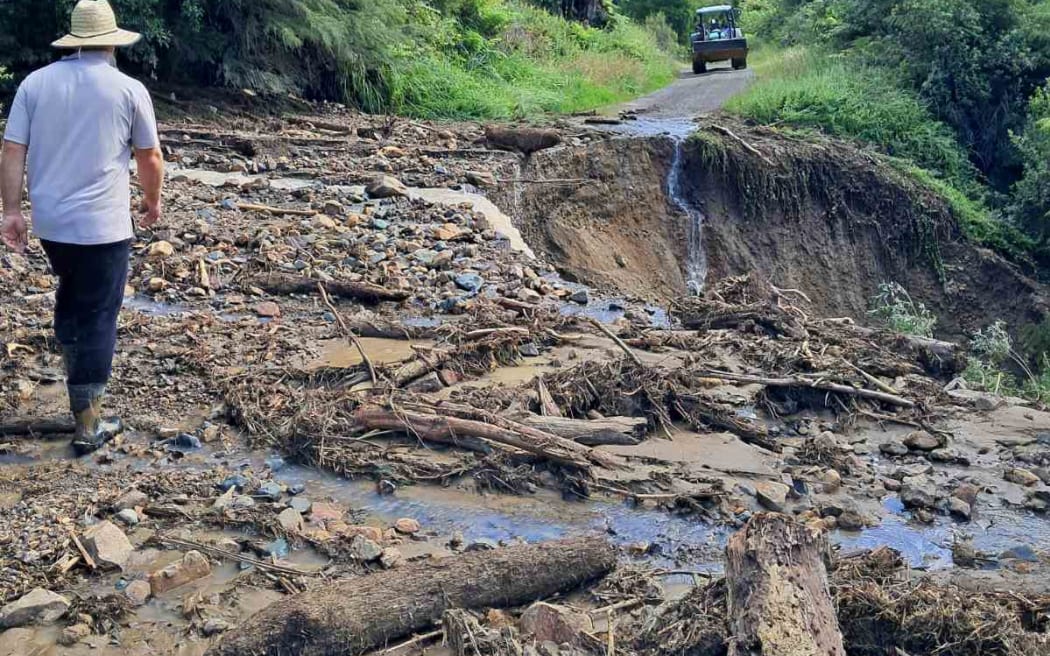 Damage in the Wairata Valley following torrential rain on 16 January that brought down slips on SH2, closing the Waioweka Gorge.