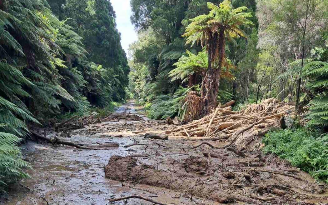 Damage in the Wairata Valley following torrential rain on 16 January that brought down slips on SH2, closing the Waioweka Gorge.