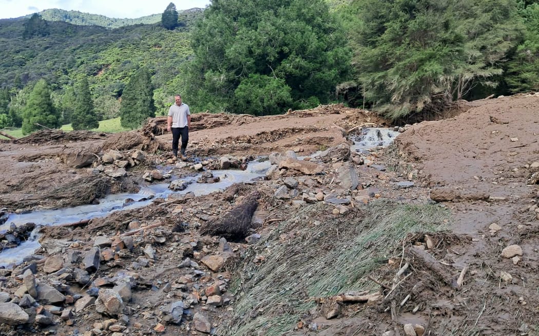 Damage in the Wairata Valley following torrential rain on 16 January that brought down slips on SH2, closing the Waioweka Gorge.